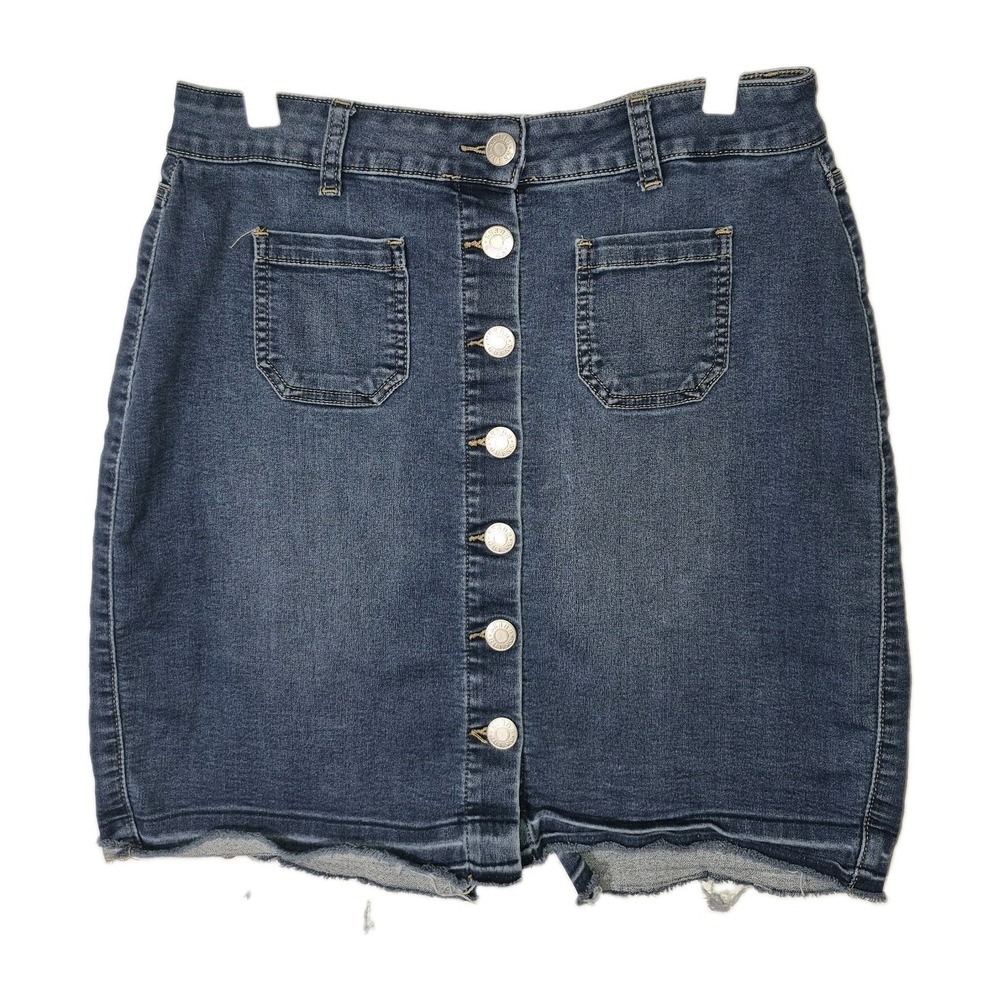 GUESS Denim Mini Skirt Large Blue Button Front Distressed Frayed Raw Hem Pockets - Picture 1 of 12